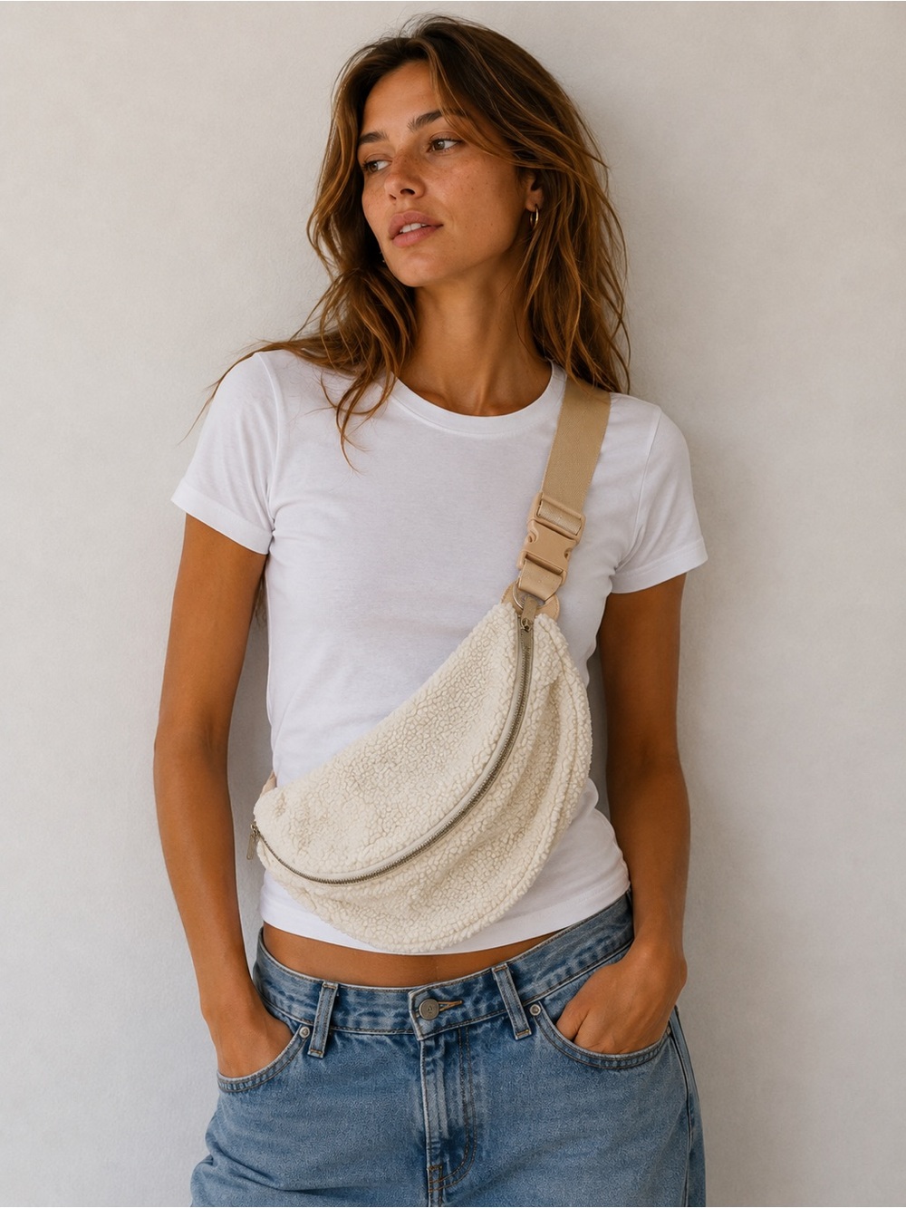 BEIS Cream Sherpa Faux Fur Belt Bag Crossbody Sling Travel Minimalist Cozy